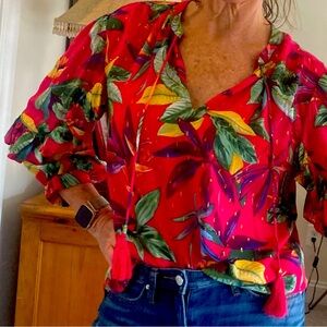 Beautiful tropical blouse with tie front and fancy sleeves